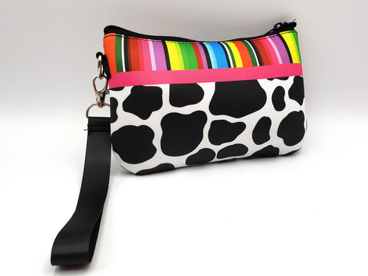 Neoprene Wristlet Pouch, Cow and Rainbow print