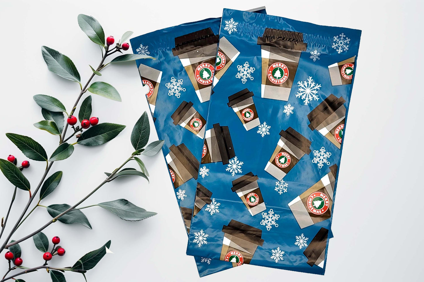 98 Designer Shipping Poly Mailers 6x9" Merry Christmas Peppermint Mocha coffee