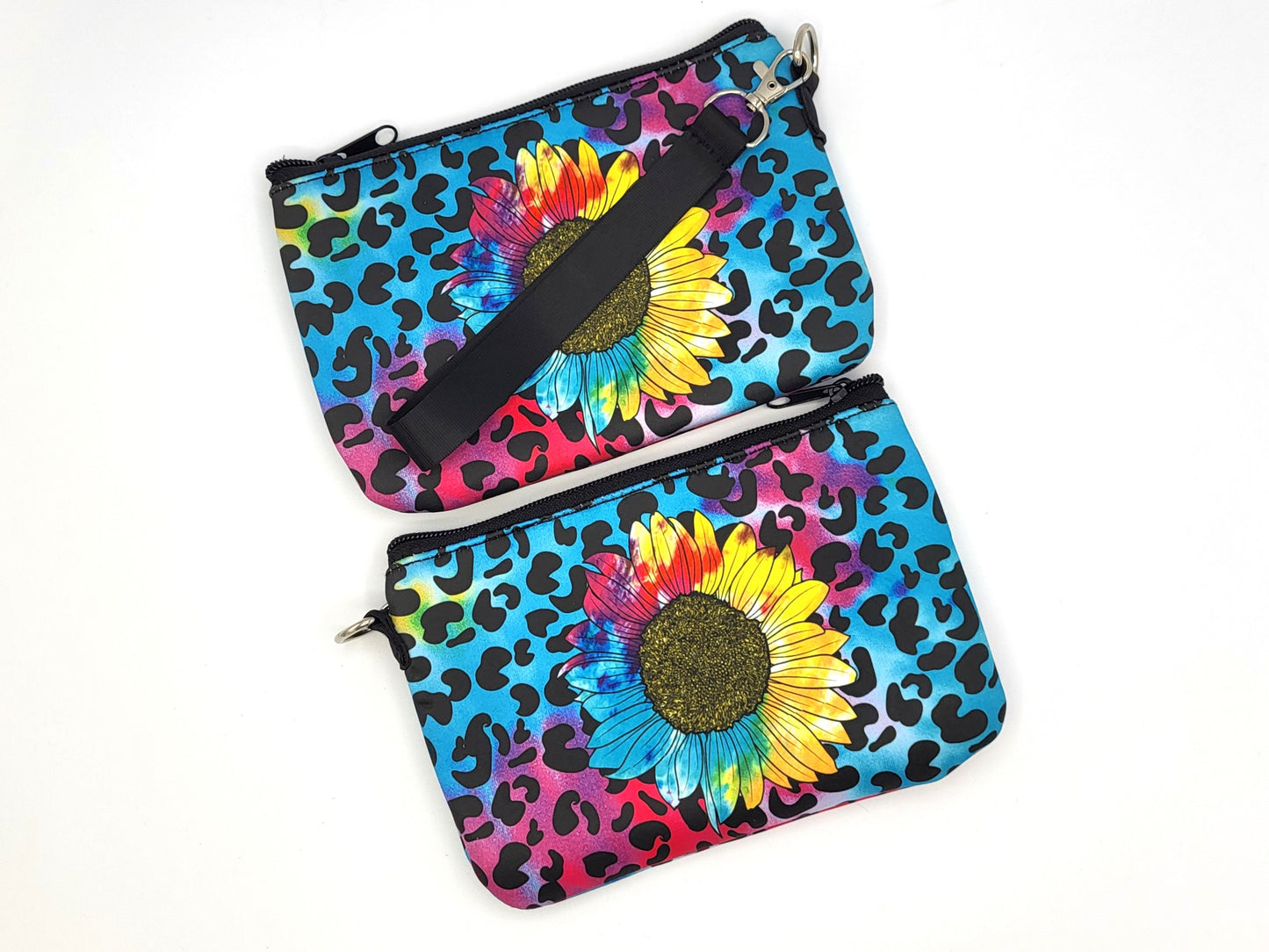 Neoprene Wristlet Pouch, Colorful Sunflower and Leopard print