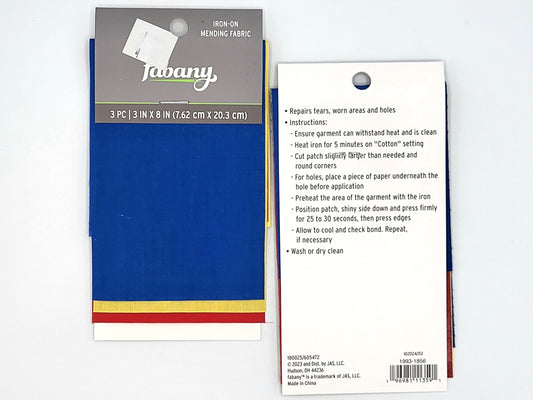 Set of 5, Iron-On Mending Fabric, 3pc 3"x8" Primary colors - Fabany