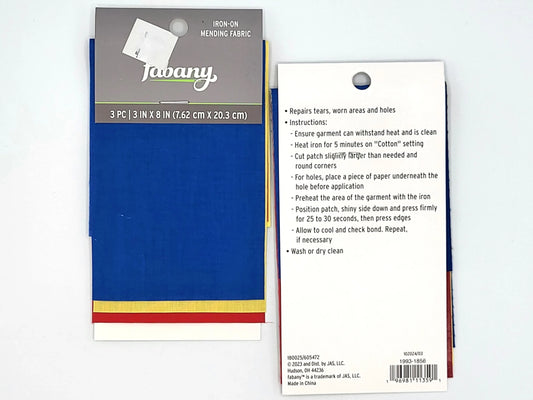 Set of 5, Iron-On Mending Fabric, 3pc 3"x8" Primary colors - Fabany