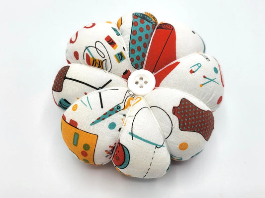 Small Wrist Pin Cushion, pumpkin shape with elastic wrist strap and adjustment clip