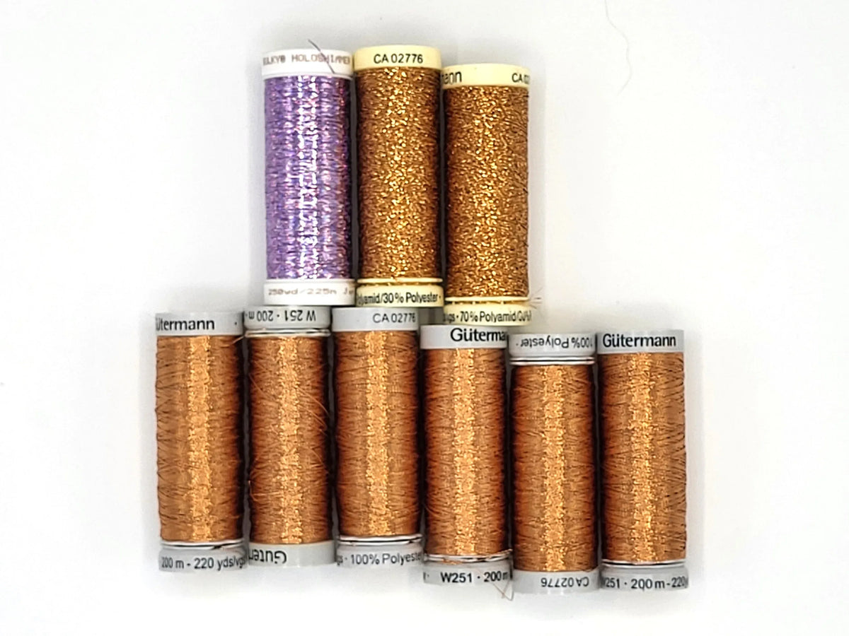 Metallic Thread lot, Gutermann and Sulky, 9 spools gold and holoshimmer