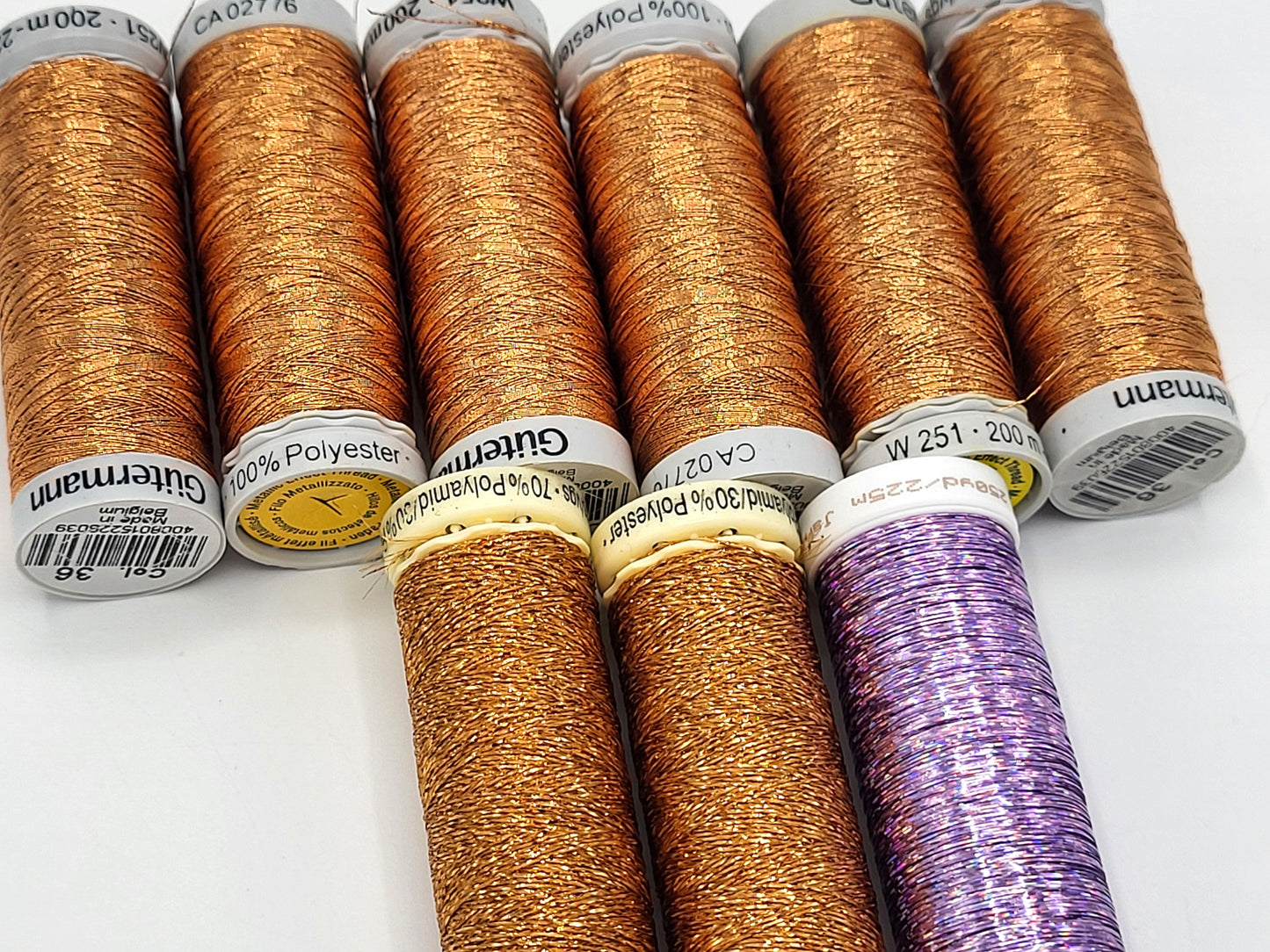 Metallic Thread lot, Gutermann and Sulky, 9 spools gold and holoshimmer