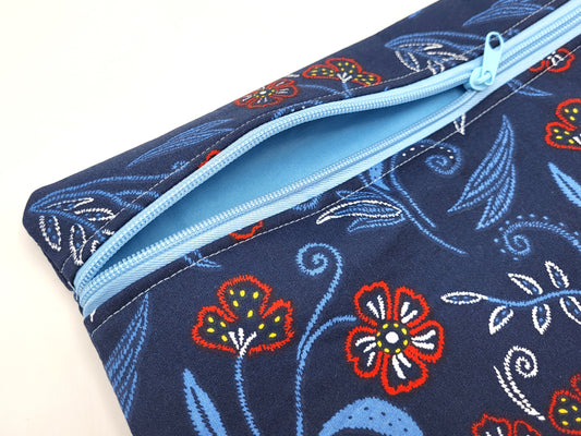 Blue Floral Print Project Bag for Cross Stitch, Embroidery, and Sewing Notions Storage | 12x11.25" medium