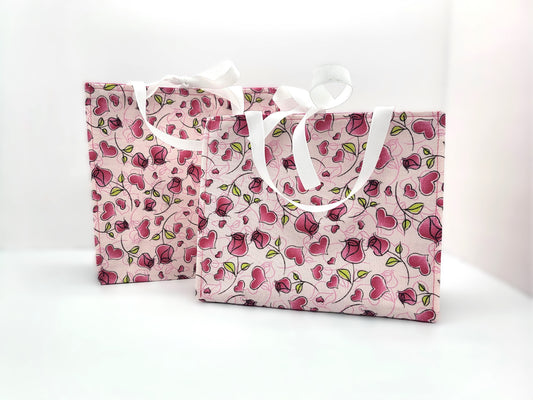 Small Reusable Fabric Valentine's Day Gift Bag with Ribbon tie and handles, Roses and Hearts