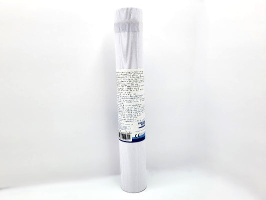 White cylindrical product with text and a barcode on a white background
