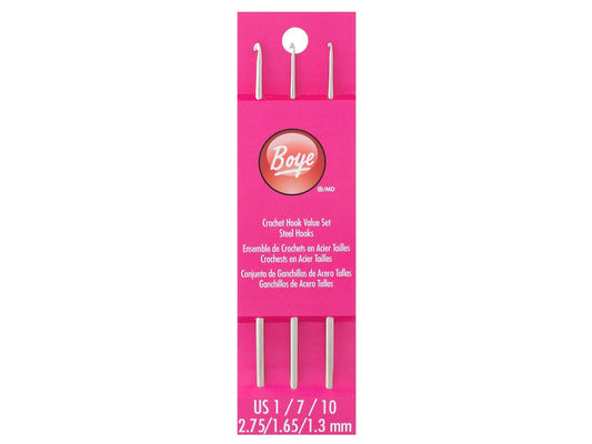 Boye Crochet Hook Set, 5" Steel 3pc - US size 1, 7, 10 (1.3mm, 1.65mm, 2.75mm)