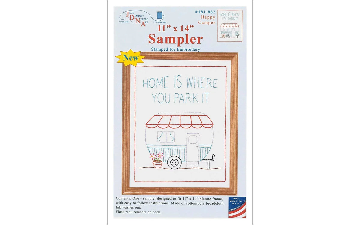 Jack Dempsey Sampler 11x14" - Happy Camper White - Embroidery project on white fabric