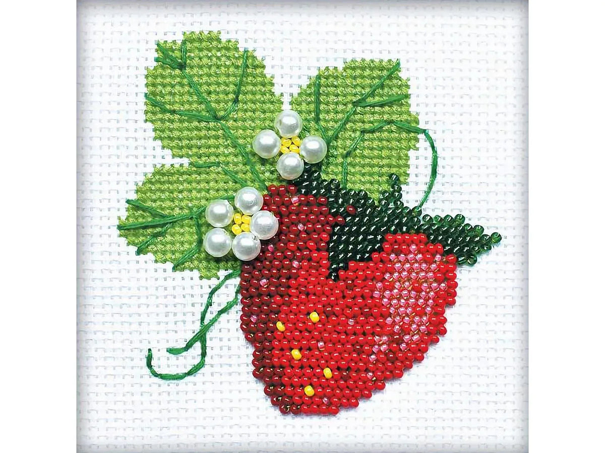 Riolis Garden Strawberries Beaded Cross Stitch Kit - 4"x4" 14-Count with Glass Beads
