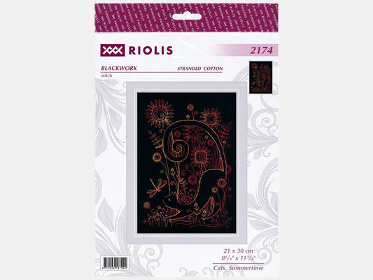 Riolis Counted Stitch Kit, Cats Summertime, Blackwork Kit, 8-1/4" x 11-3/4" 14ct #2174