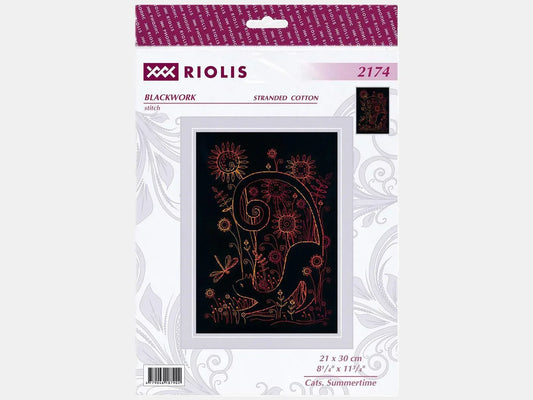 Riolis Cats Summertime Blackwork Kit - 8.25"x11.75" 14-Count Black Aida