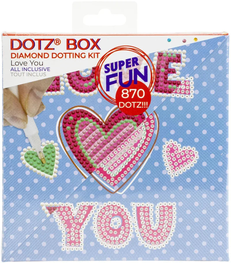 DOTZ BOX diamond dotting kit with heart design and text on a blue polka dot background