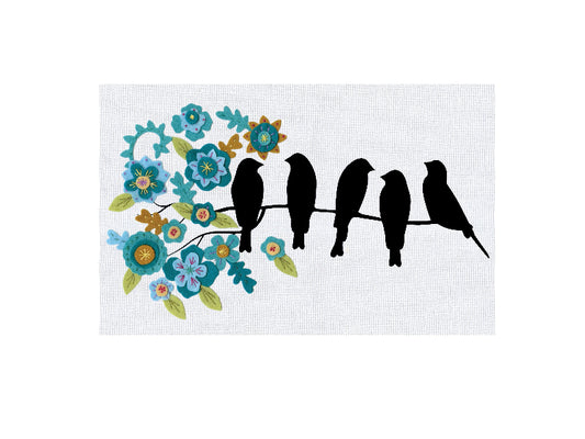 Decorative design with black birds on a branch and colorful flowers on a white background