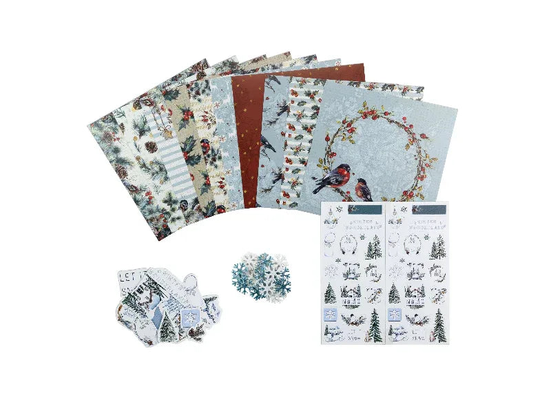 Collection of patterned paper sheets with nature-themed designs on a white background