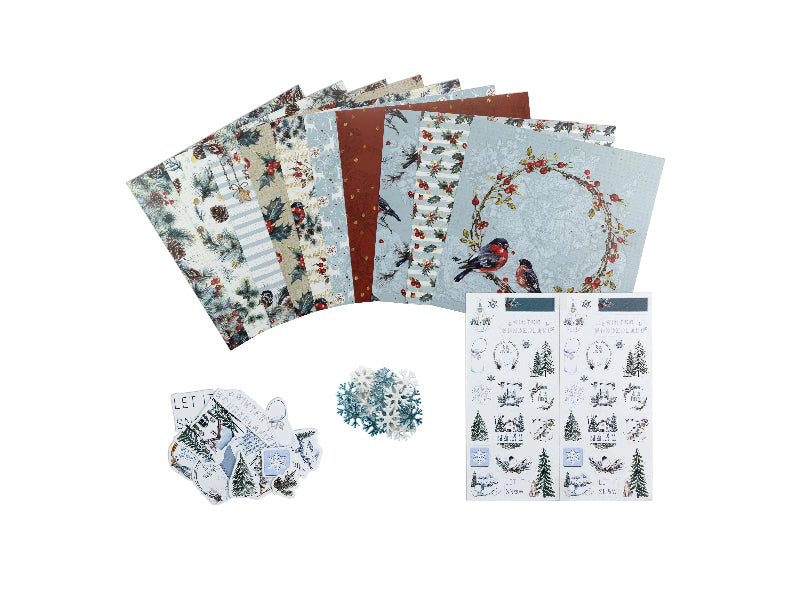 Collection of patterned paper sheets with nature-themed designs on a white background