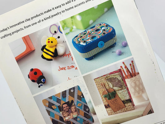 Page from a magazine or book featuring colorful clay jewelry and home accents.