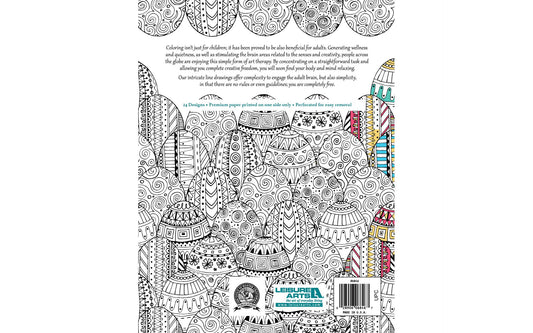 Coloring book page with intricate patterns and a brand logo on a white background