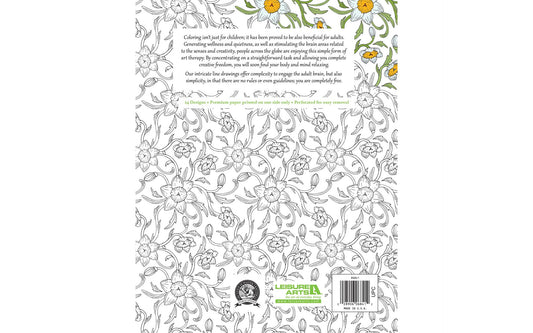 Coloring book page with floral design and text on a white background