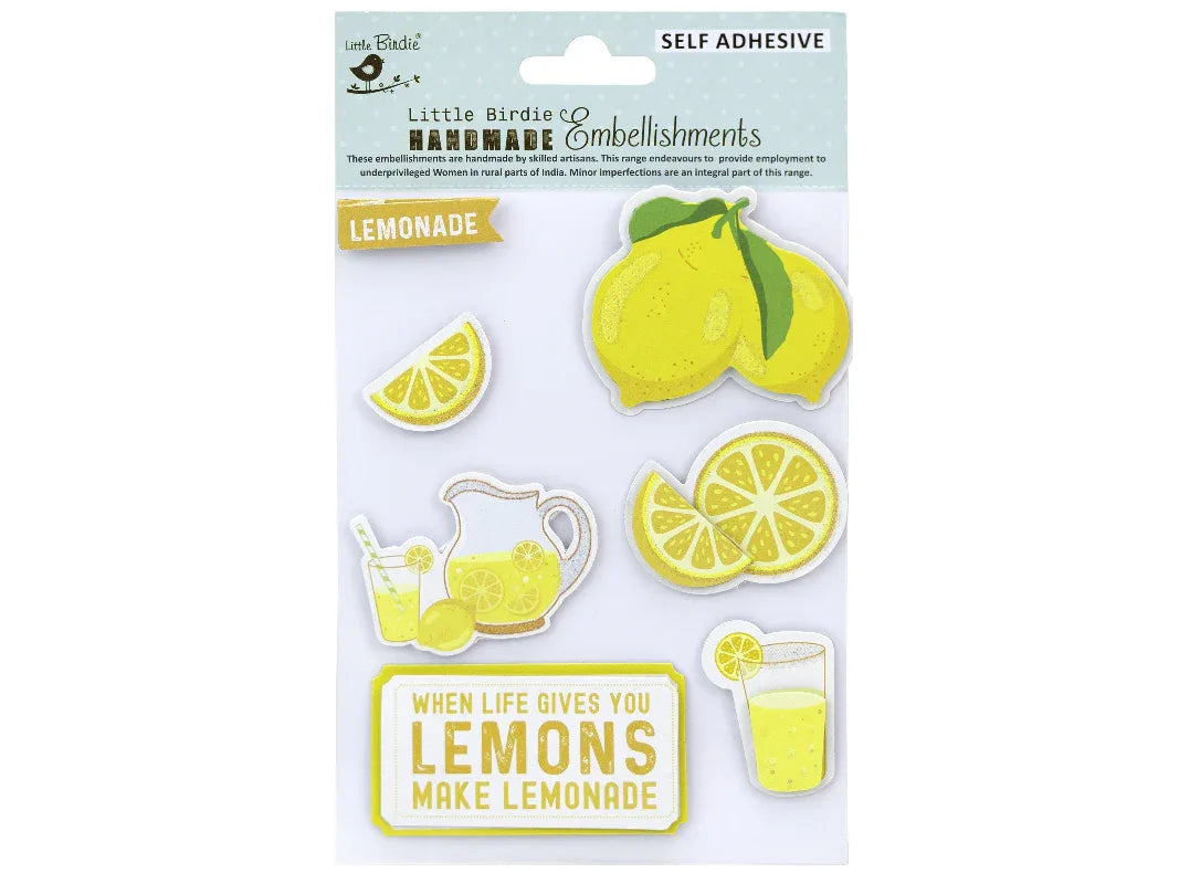 Packaging of lemon-themed stickers with lemons and a pitcher on a white background.