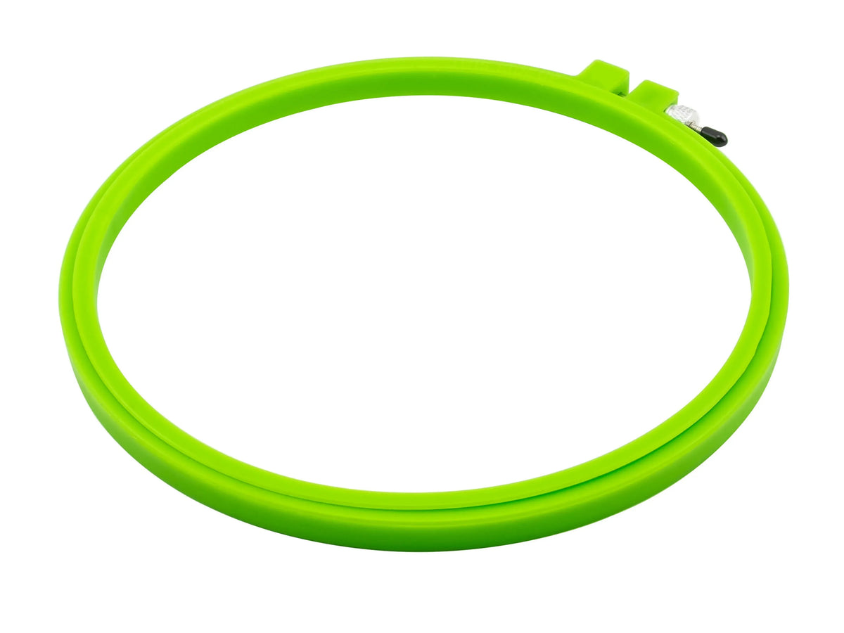 Green embroidery hoop on a white background