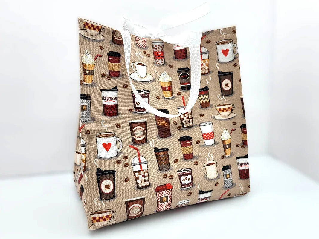 Gift bag with coffee-themed design on a white background