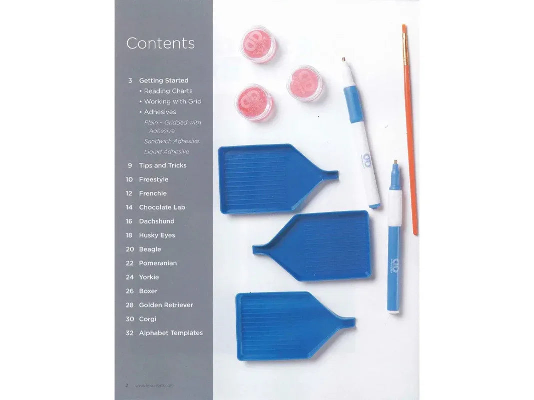 Set of blue tools and pink containers on a white background with text on the left side.