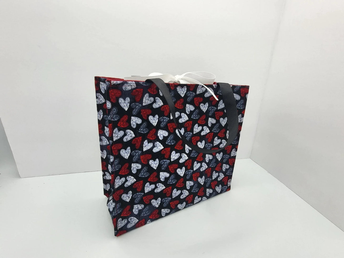 Small Reusable Fabric Valentines Day Gift Bag with Ribbon tie and handles, Distressed Hearts - Handmade Reusable Fabric Gift Bag