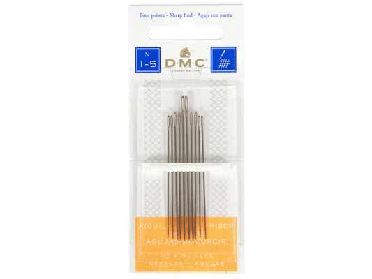 Pack of embroidery needles with DMC branding on a white background