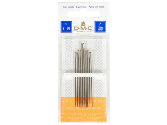 Pack of embroidery needles with DMC branding on a white background