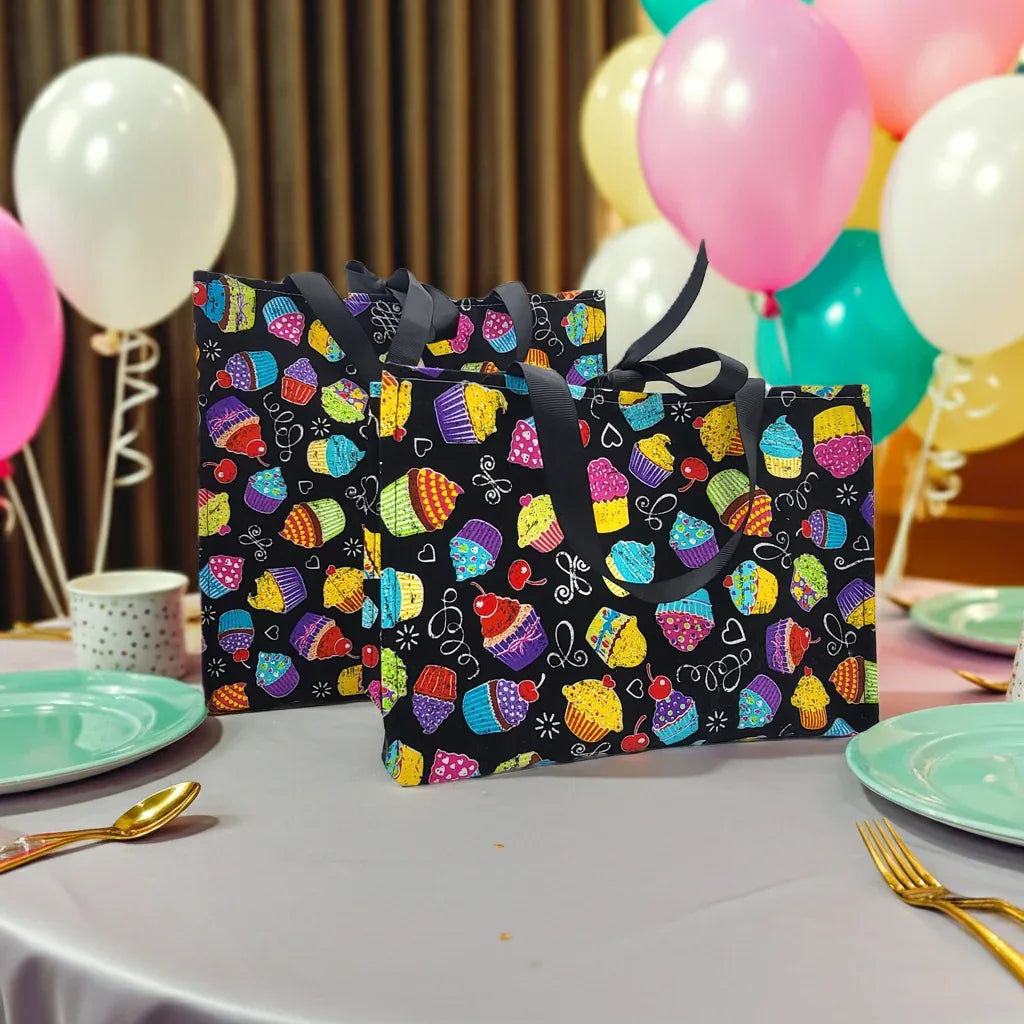 Small Fabric Birthday Gift Bag, bright cupcakes on black