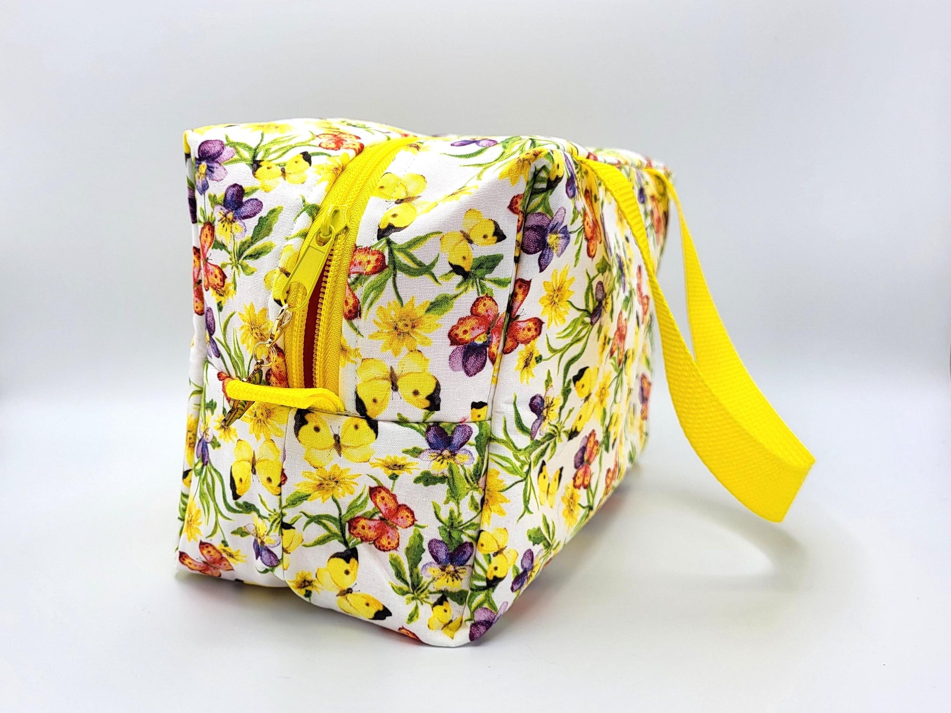 Small duffle bag for crafts, yellow floral print fabric 10x5x6.5" | craft accessories bag, zipper bag for crochet hooks and accessories