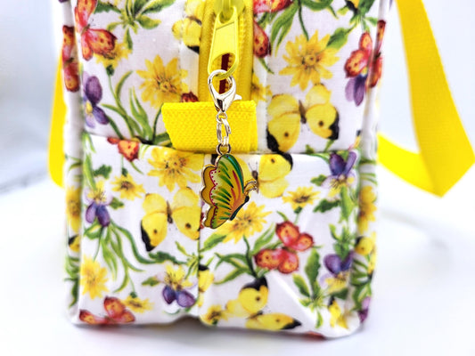 Small duffle bag for crafts, yellow floral print fabric 10x5x6.5" | craft accessories bag, zipper bag for crochet hooks and accessories
