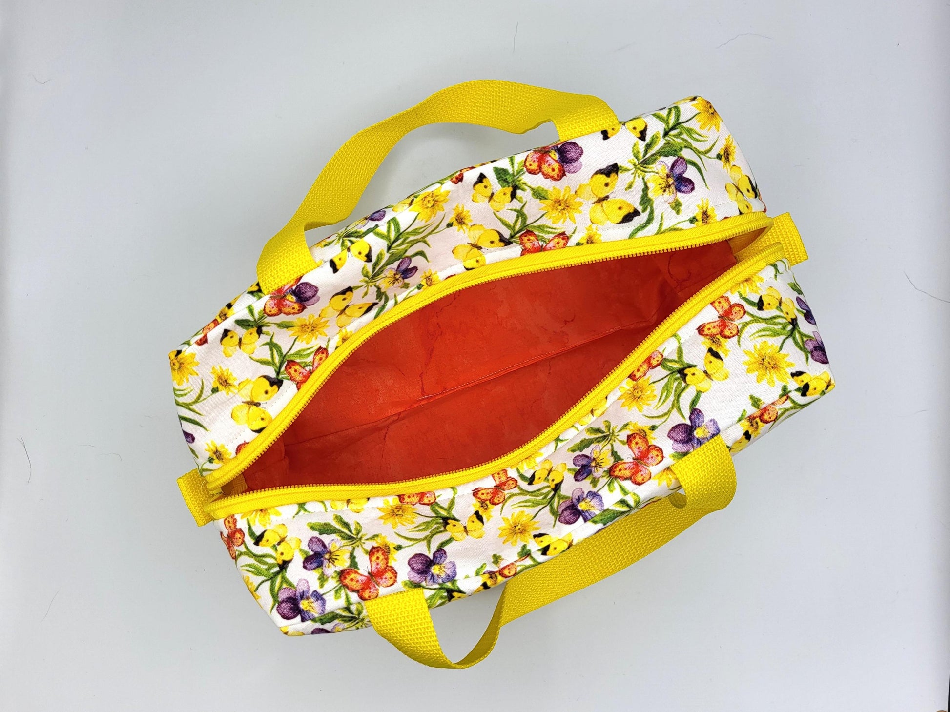 Small duffle bag for crafts, yellow floral print fabric 10x5x6.5" | craft accessories bag, zipper bag for crochet hooks and accessories