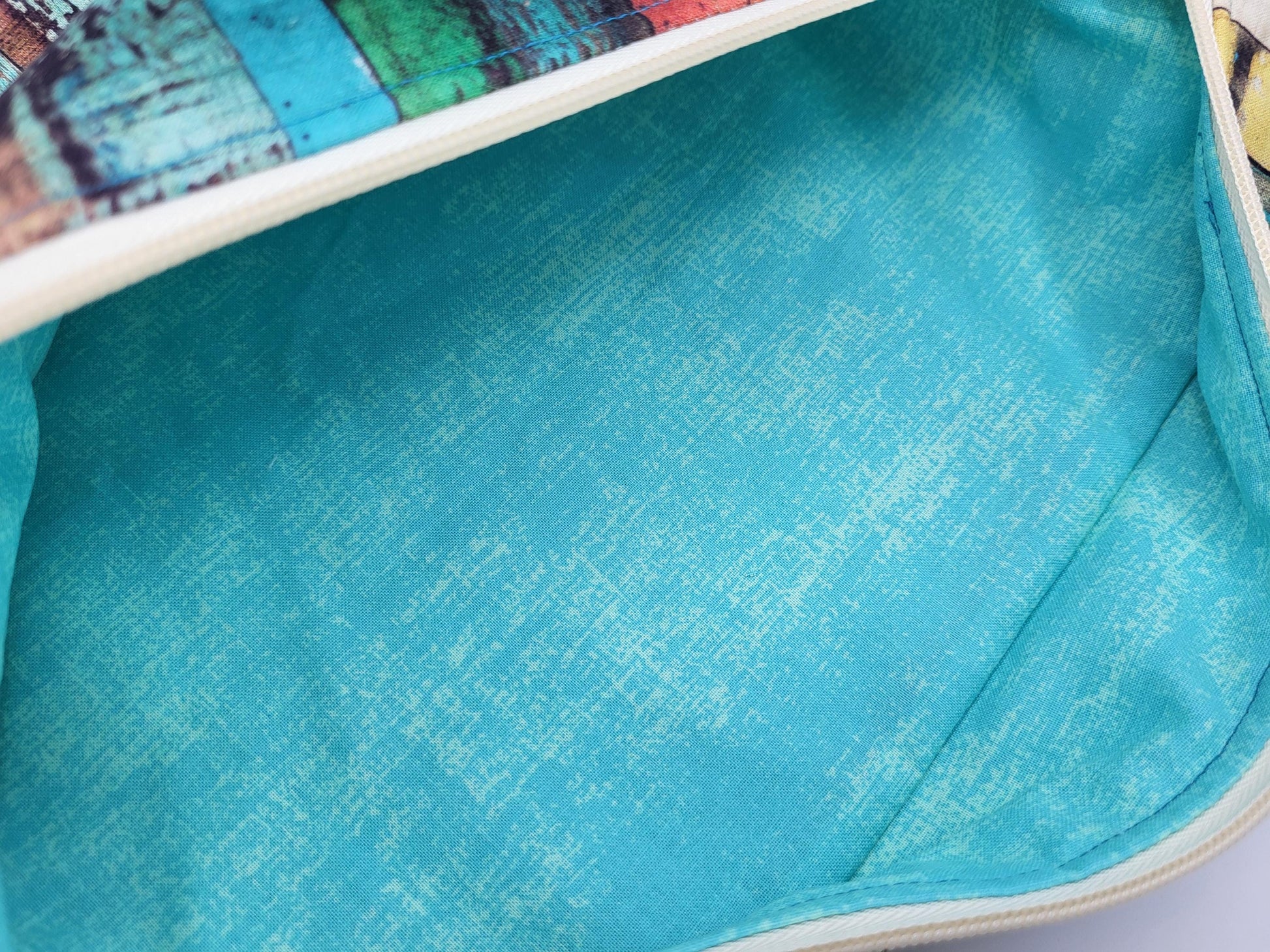 Project bag for cross stitch, 12.50x11" medium size, colorful distressed wood | pouch for embroidery projects and sewing notions storage