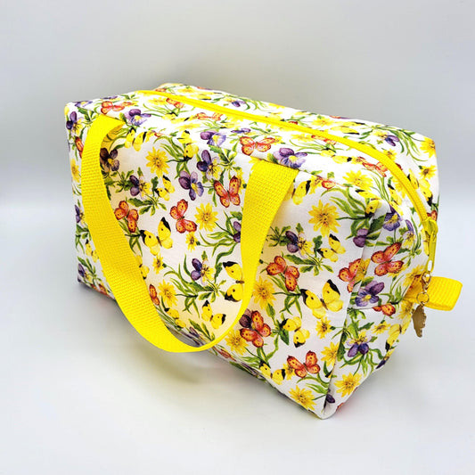 Small duffle bag for crafts, yellow floral print fabric 10x5x6.5" | craft accessories bag, zipper bag for crochet hooks and accessories