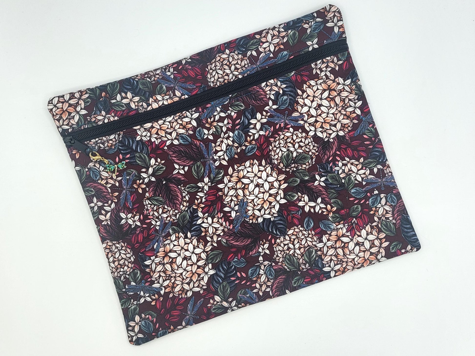Project bag for cross stitch, 12.50x11" medium size, flowers and dragonflies | pouch for embroidery projects and sewing notions storage