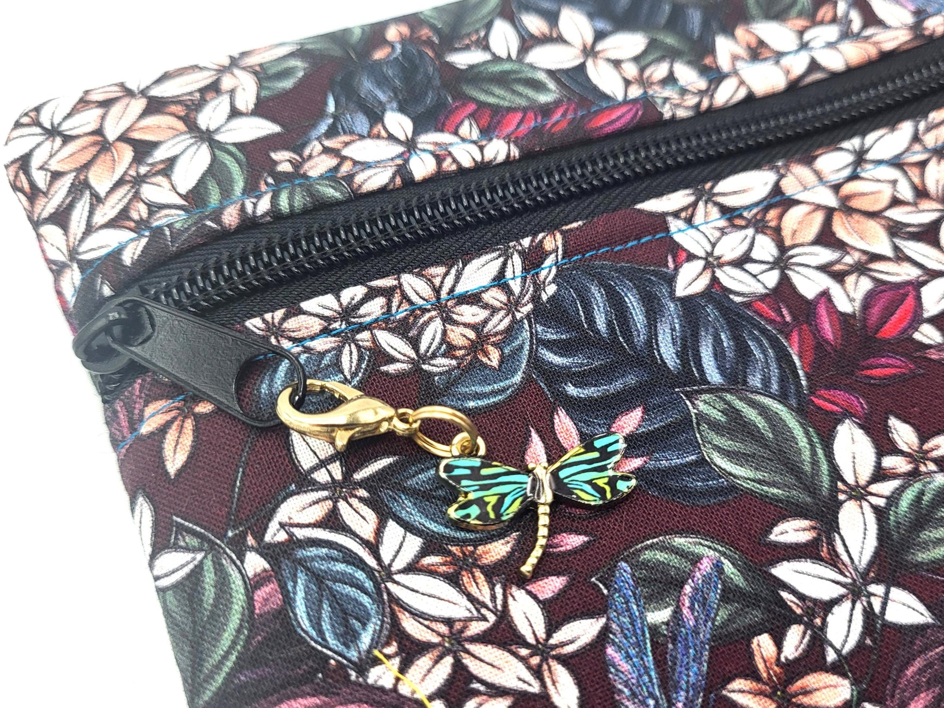 Project bag for cross stitch, 12.50x11" medium size, flowers and dragonflies | pouch for embroidery projects and sewing notions storage