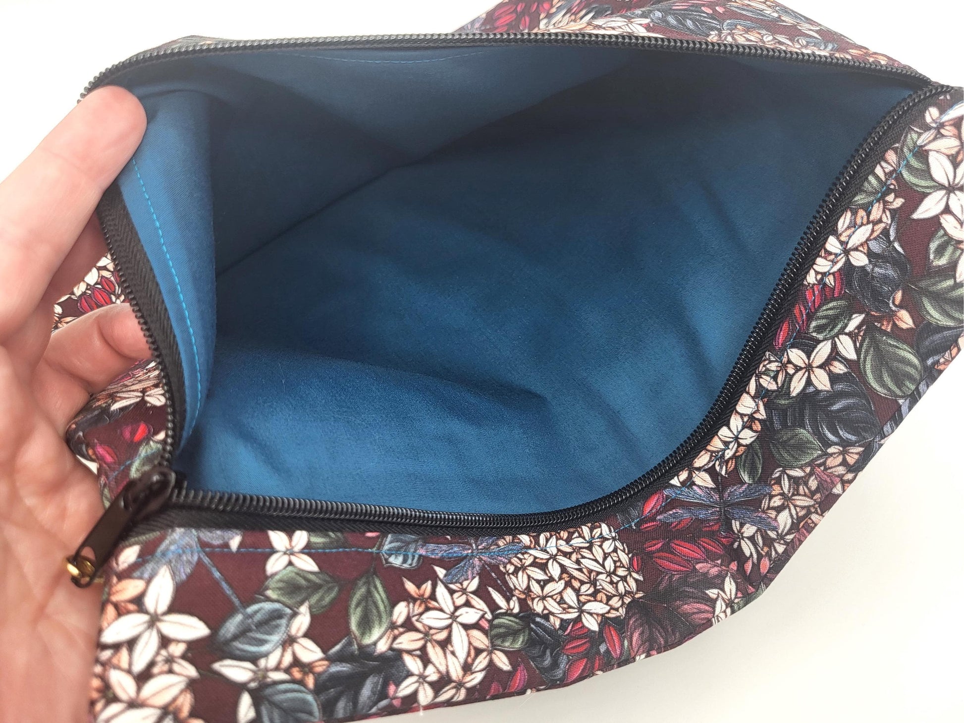 Project bag for cross stitch, 12.50x11" medium size, flowers and dragonflies | pouch for embroidery projects and sewing notions storage