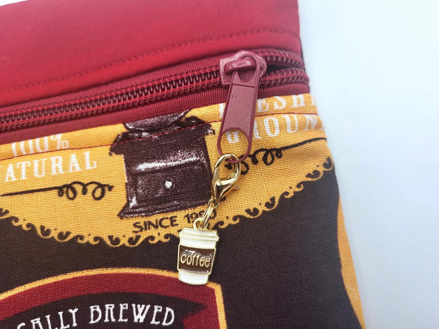 Project bag for cross stitch, 13x11.5" medium size, burgundy coffee theme | pouch for embroidery projects and sewing notions storage