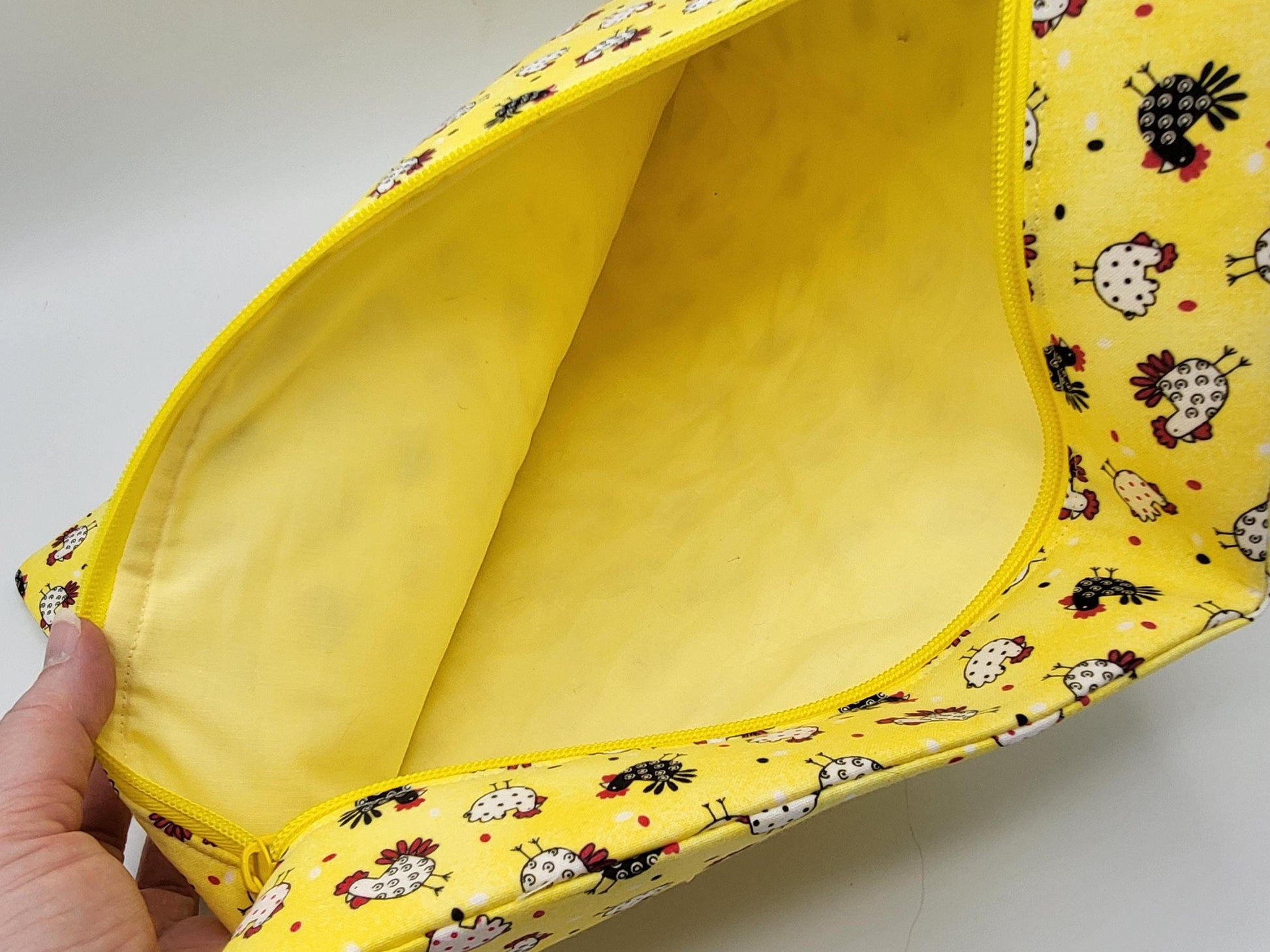 Project bag for cross stitch, 14.5x12.75" medium size, Chickens on Yellow | pouch for embroidery projects and sewing notions storage