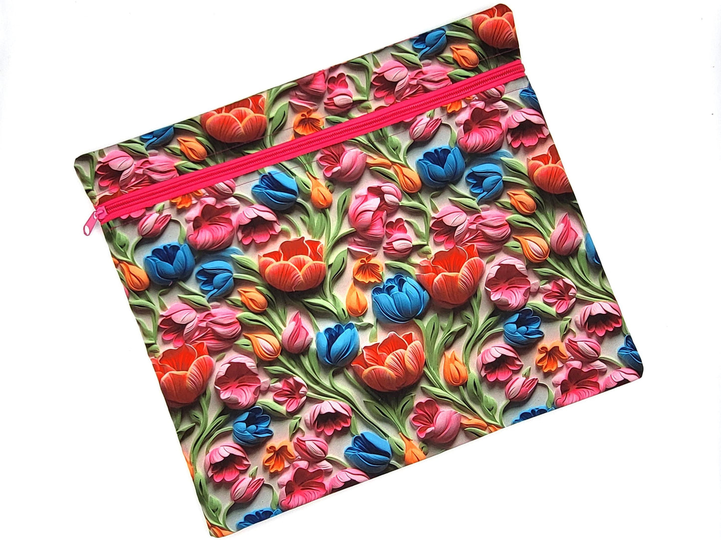Project bag for cross stitch, 14.5x12.75" medium size, 3d Tulips print | pouch for embroidery projects and sewing notions storage