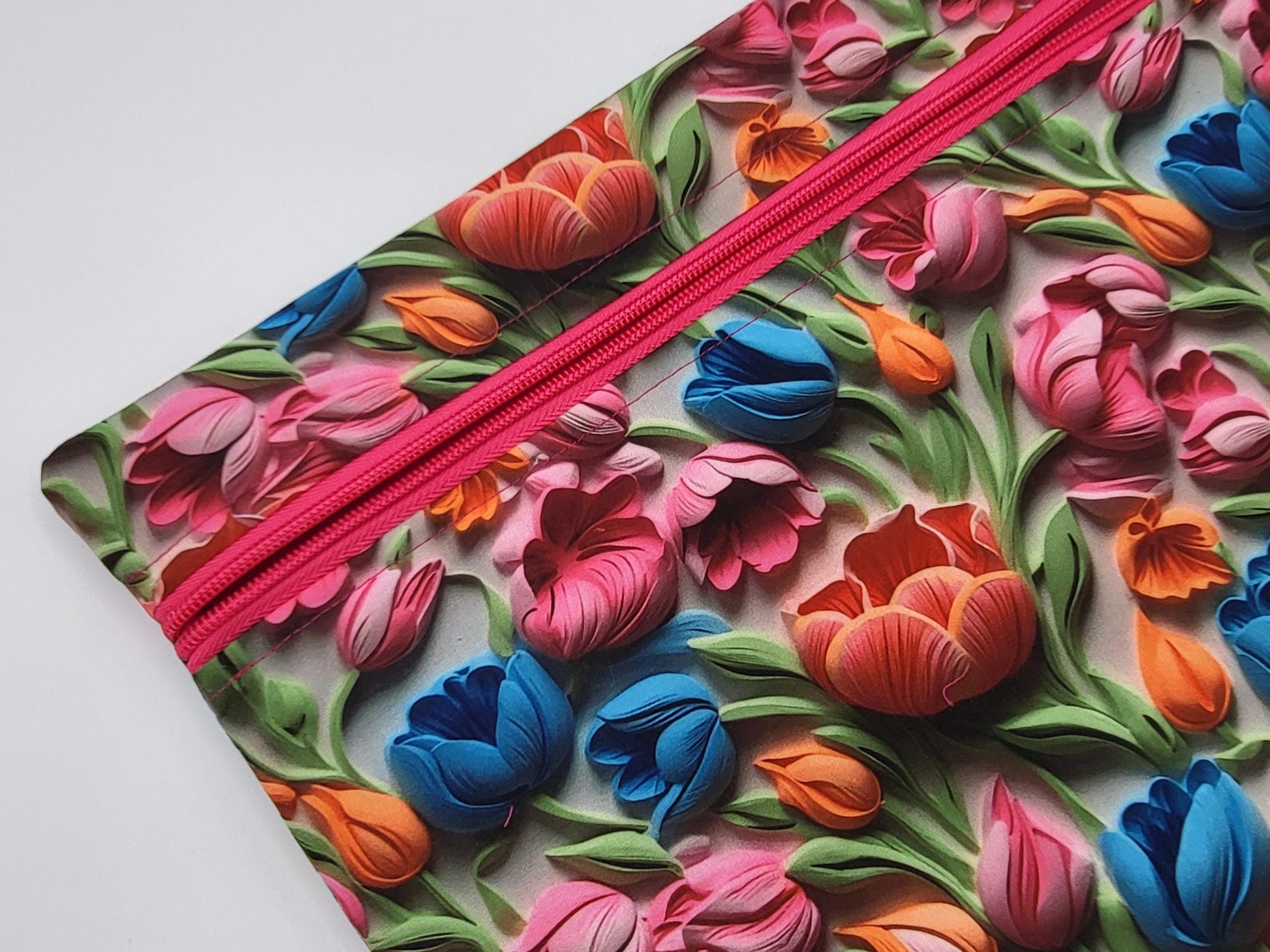 Project bag for cross stitch, 14.5x12.75" medium size, 3d Tulips print | pouch for embroidery projects and sewing notions storage