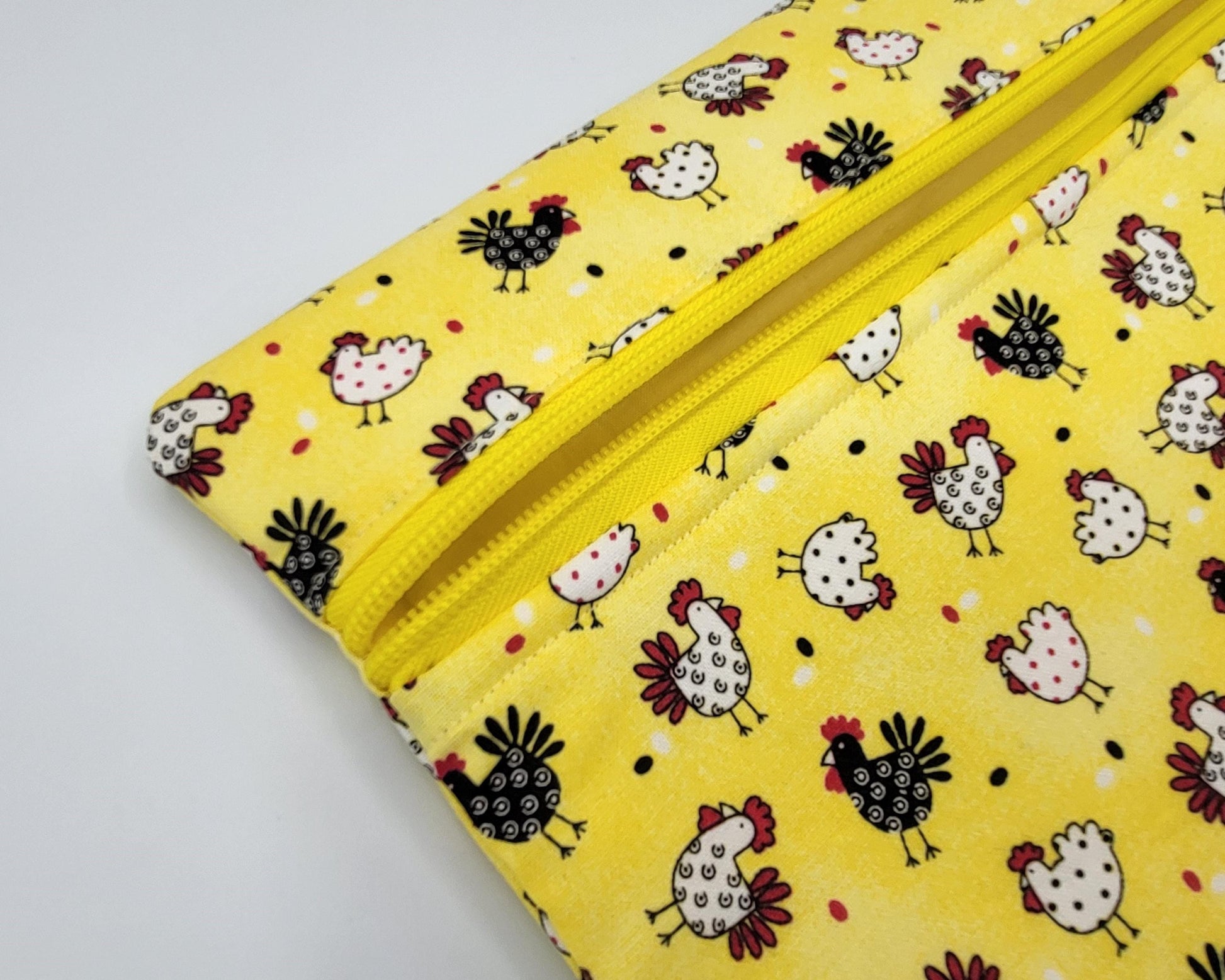 Project bag for cross stitch, 14.5x12.75" medium size, Chickens on Yellow | pouch for embroidery projects and sewing notions storage