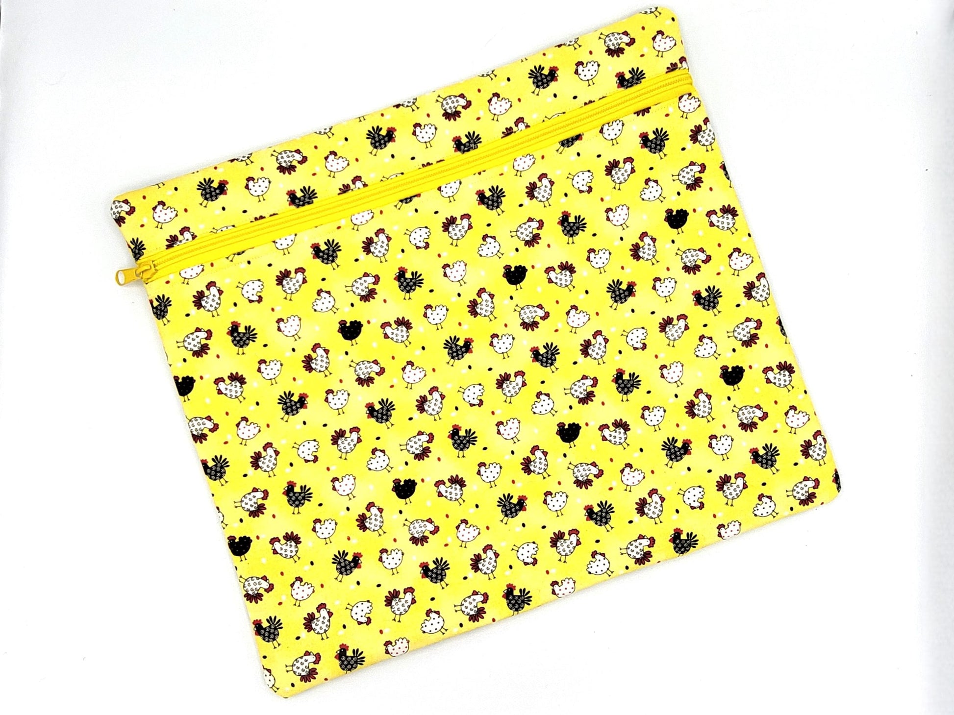 Project bag for cross stitch, 14.5x12.75" medium size, Chickens on Yellow | pouch for embroidery projects and sewing notions storage