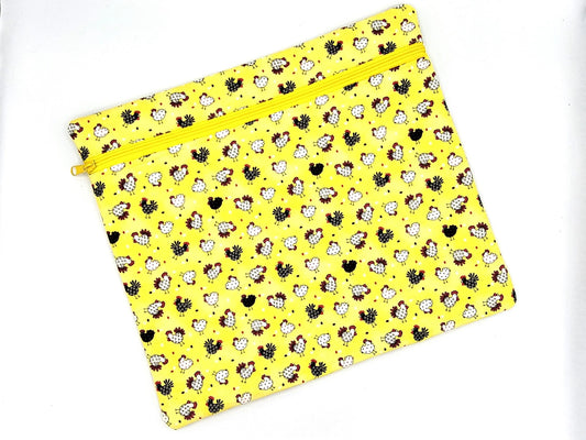 Project bag for cross stitch, 14.5x12.75" medium size, Chickens on Yellow | pouch for embroidery projects and sewing notions storage