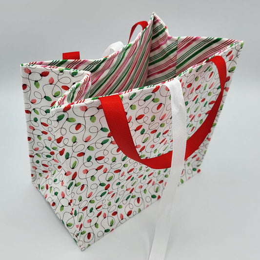 Holiday Fabric Gift Bag with Ribbon ties and handles, 3 styles to choose