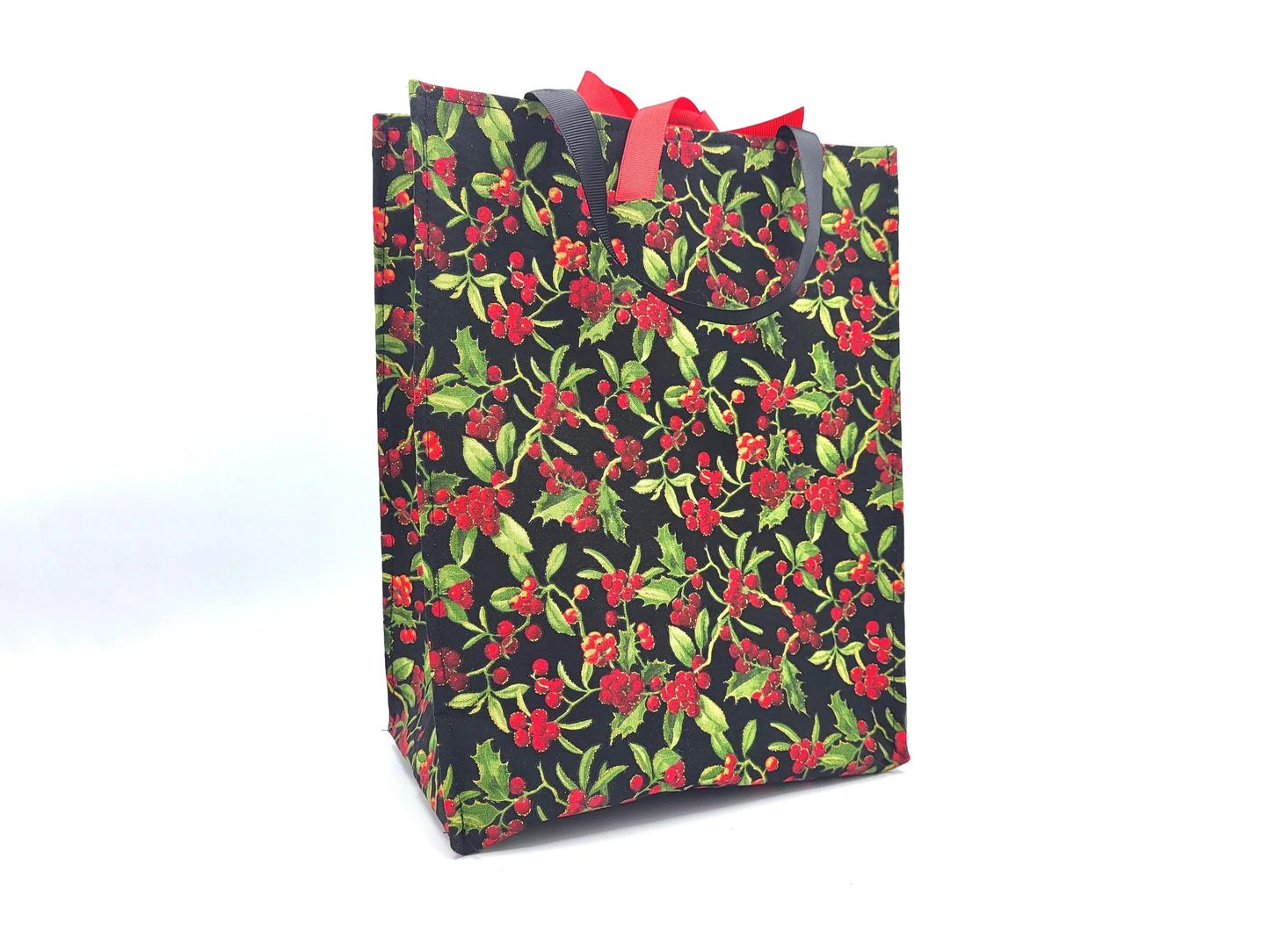 Handmade Holiday Fabric Gift Bag with Ribbon ties and handles, 8x10.5x5" - Black Red Holly Berries
