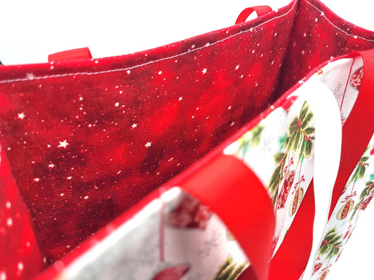 Holiday Reusable Gift Bag with Ribbon ties and handles, White Red ornaments - 10.5x10.75x5"