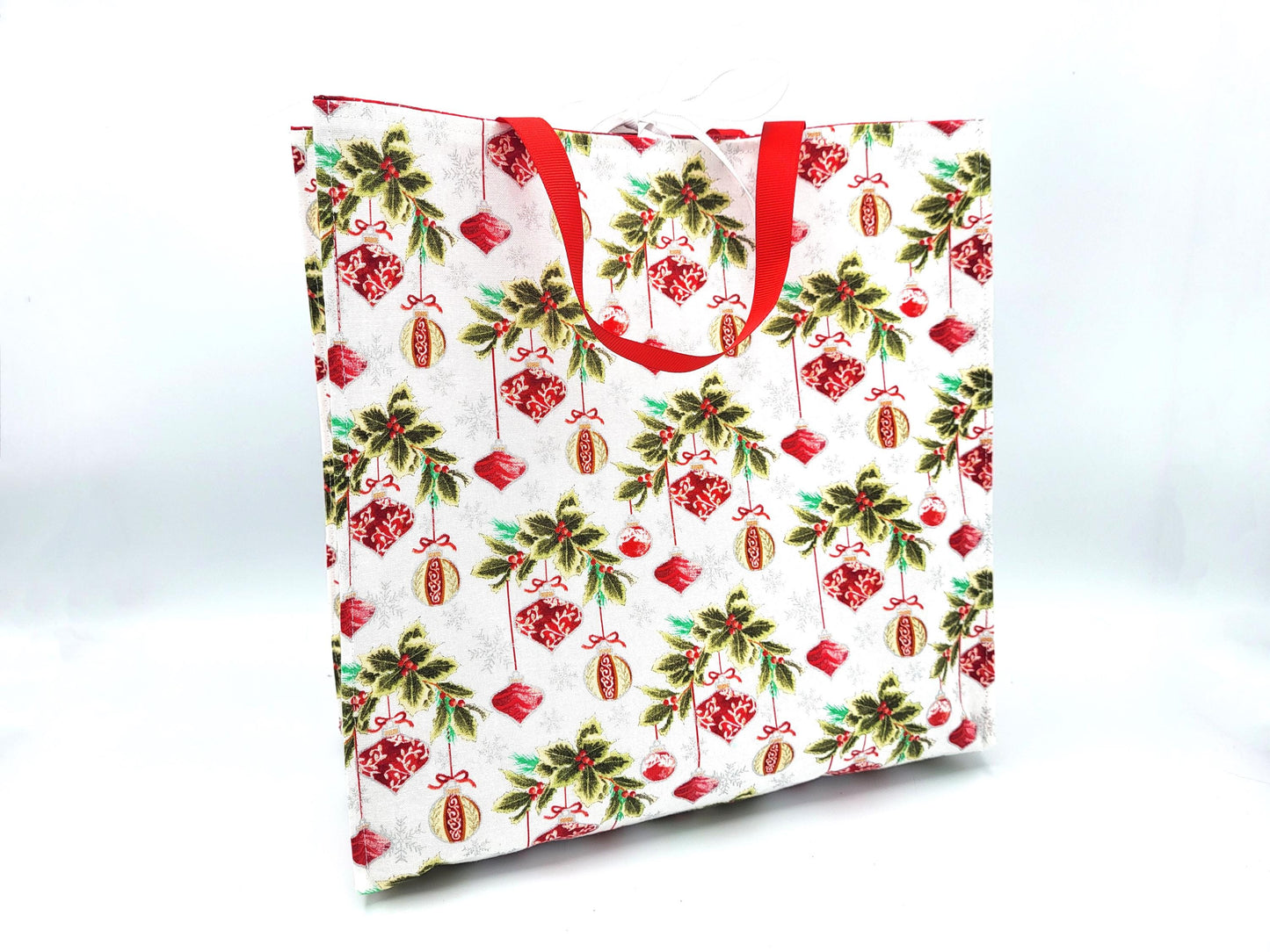 Holiday Reusable Gift Bag with Ribbon ties and handles, White Red ornaments - 10.5x10.75x5"